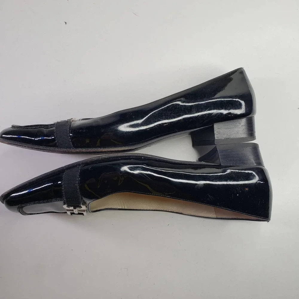 Salvatore Ferragamo Patent Leather Horse Bit Buckle Heels 7 Square Toe‎